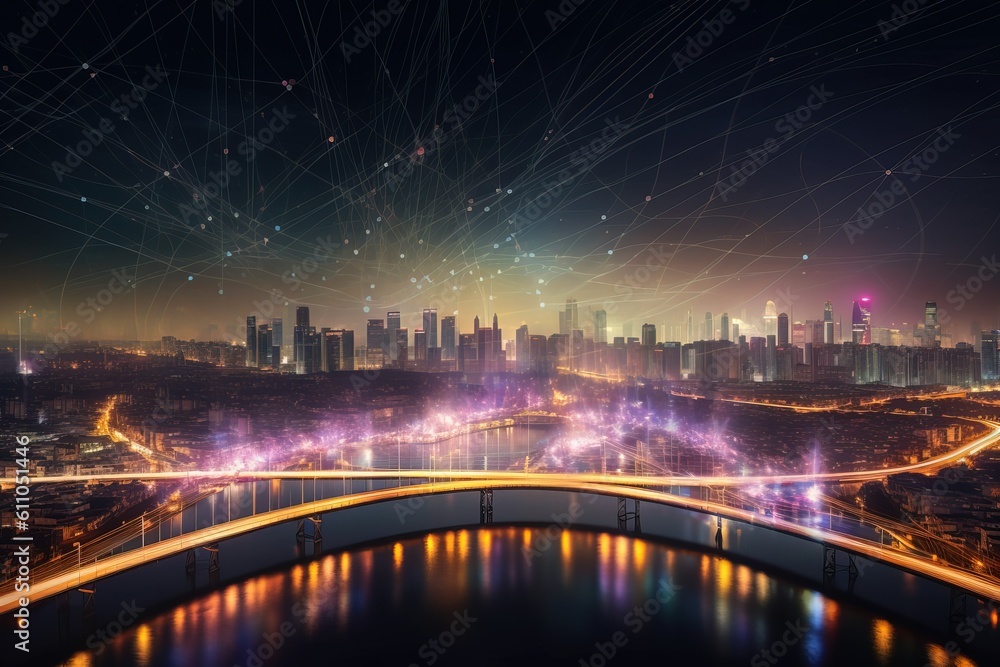 Explore a vibrant city of the future, where a connected crowd thrives amidst illuminated skyscrapers and intricate trails. Experience the power of human connectivity. Generative Ai