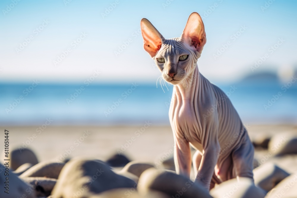 Lifestyle portrait photography of a cute sphynx cat playing against a beach background. With generative AI technology