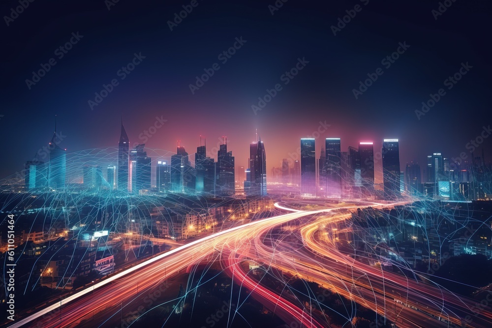 Explore a vibrant city of the future, where a connected crowd thrives amidst illuminated skyscrapers and intricate trails. Experience the power of human connectivity. Generative Ai