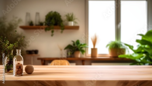 empty wood table product display montage with blurred wooden living room with plants interior, generative ai