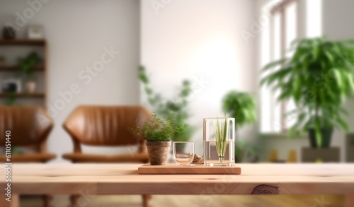 empty brown wooden table with decorative plant for product display montage with blur living room interior  generative ai