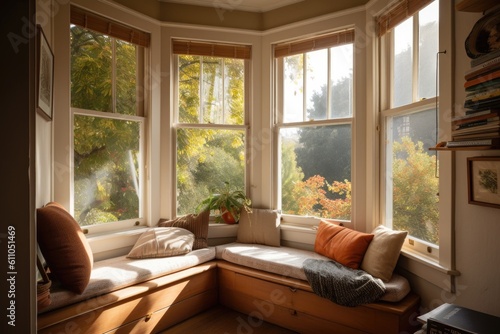 cozy reading nook in sunny window seat with view of outside scenery, created with generative ai