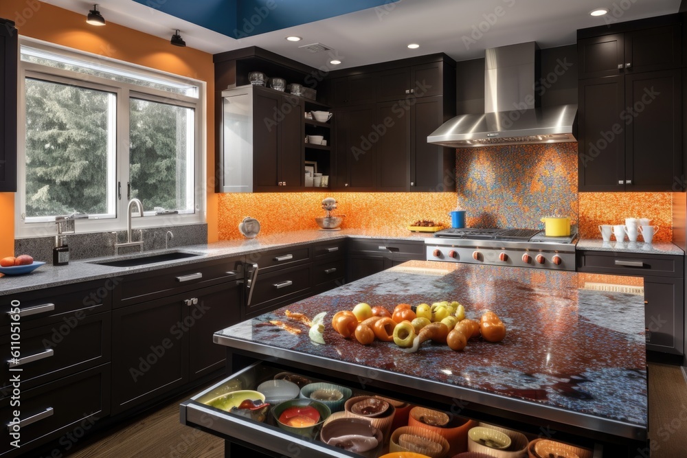 custom-built cooking station with sleek and modern design elements, complemented by colorful countertop, created with generative ai custom-built cooking station with sleek and modern design elements, complemented by colorful countertop, created with generative ai
