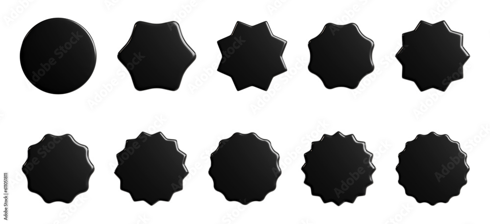 Black starburst sticker 3d render set - collection of round sun burst or star shape badges for promo.