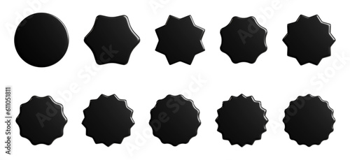 Black starburst sticker 3d render set - collection of round sun burst or star shape badges for promo.