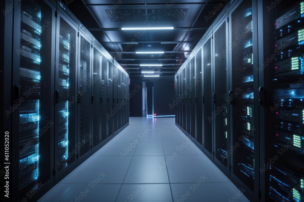 data center with floor-to-ceiling server racks, each populated with blinking lights, created with generative ai