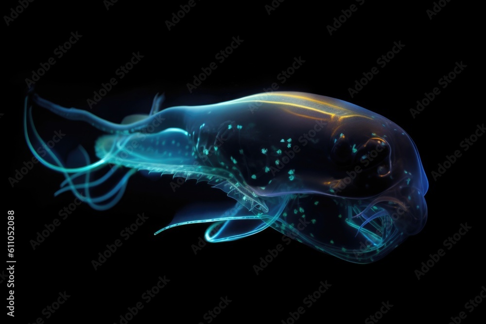 deep-sea creature swimming in schools, with bioluminescence lighting the way, created with generative ai