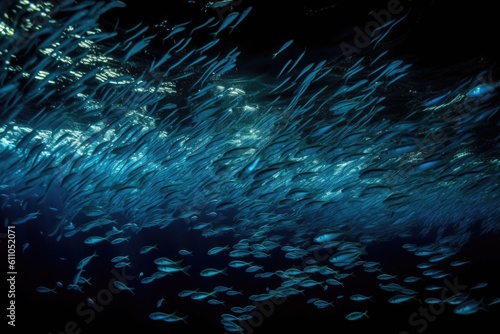 school of fish swimming together, creating a mesmerizing display of bioluminescence, created with generative ai