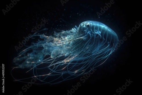 deep-sea creature swimming through bioluminescent waters, with streaks of light shining behind it, created with generative ai