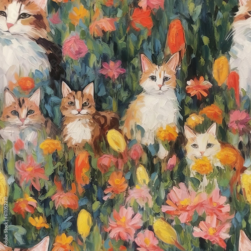 Cats and flowers colorful seamless repeat pattern - impressionism, abstract cat art [Generative AI] 