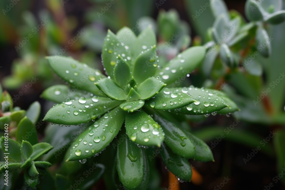 close-up of drought-tolerant plant, with dew drops on the leaves, created with generative ai close-up of drought-tolerant plant, with dew drops on the leaves, created with generative ai