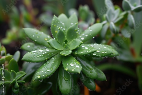 close-up of drought-tolerant plant, with dew drops on the leaves, created with generative ai