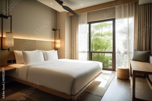 eco-friendly hotel room with minimalist decor, natural lighting, and earthy tones, created with generative ai © altitudevisual