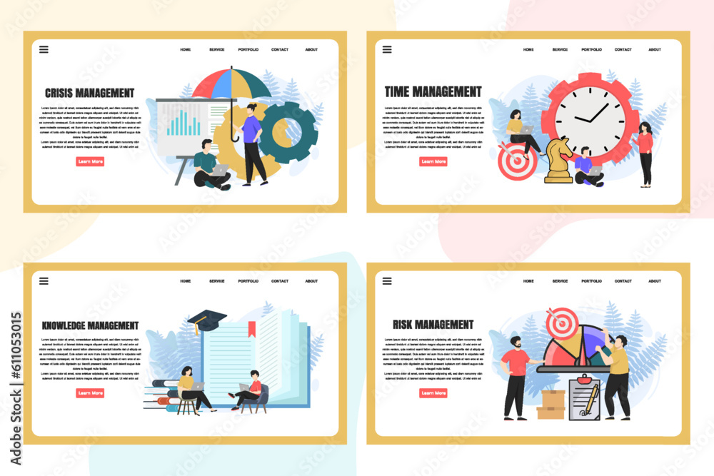Set of web page design templates for Management web page composition with Leadership, Time Management, Risk Management and more Modern vector illustration concepts
