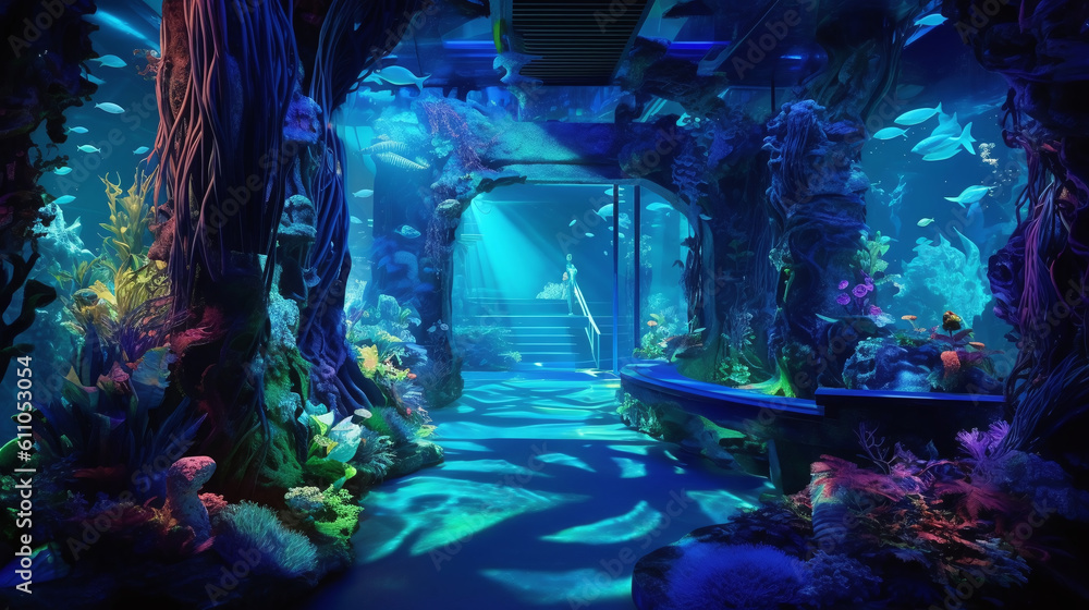 Glowing Blue Oasis: Explore the Enchanting Fusion of Neon Lights and Marine Underwater World