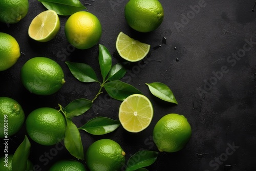 Photo fresh green limes on black dark stone background
