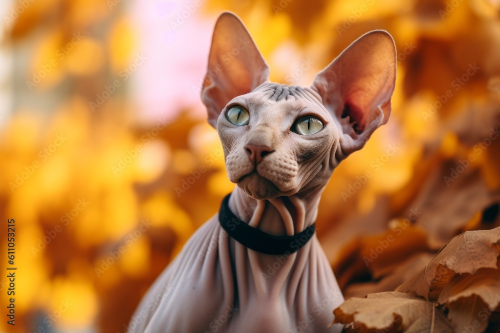 Environmental portrait photography of a happy sphynx cat playing against an autumn foliage background. With generative AI technology
