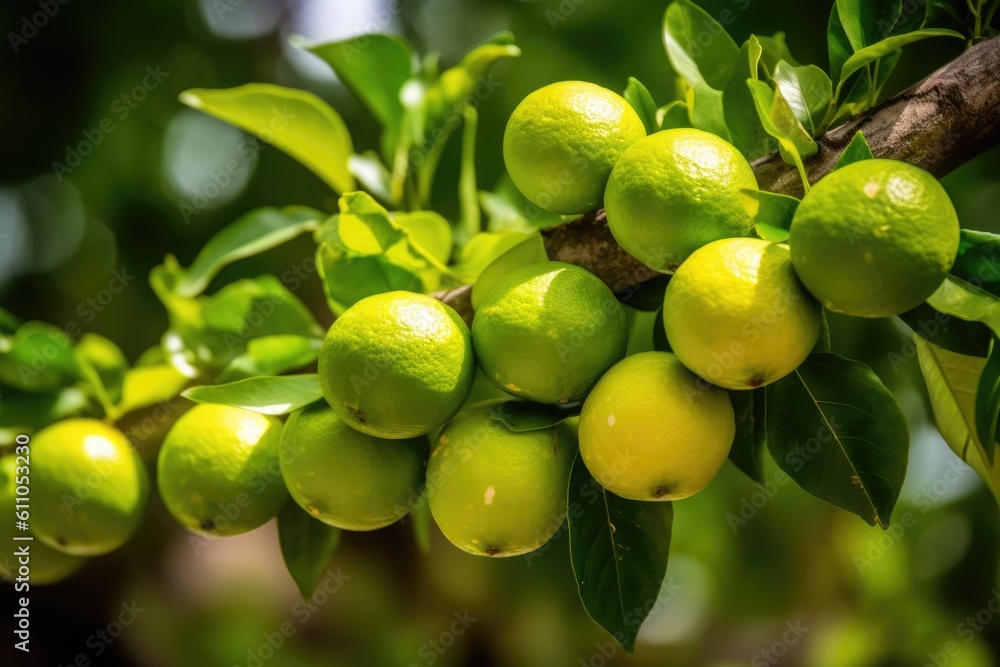 fresh ripe limes on a branch of a lime tree, Generative AI
