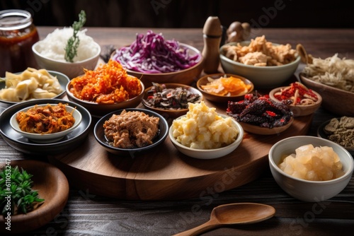 fermented foods feast, with assortment of flavors and textures, created with generative ai