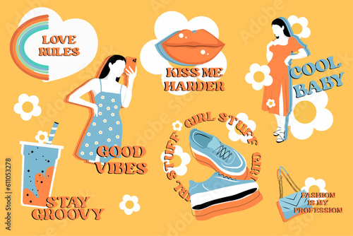 Retro fashion 70s stickers good vibes fashion girl.