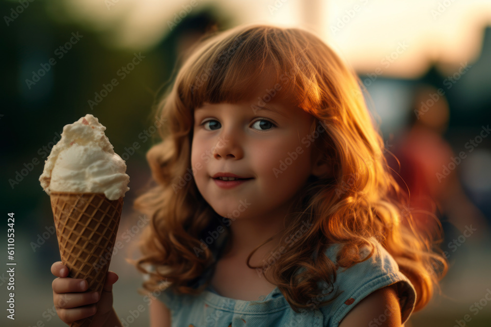 young girl with ice cream in park. AI Generative