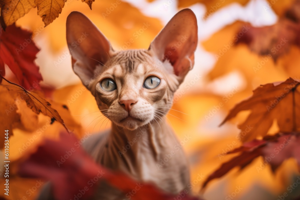 Fototapeta premium Environmental portrait photography of a curious devon rex cat investigating against an autumn foliage background. With generative AI technology