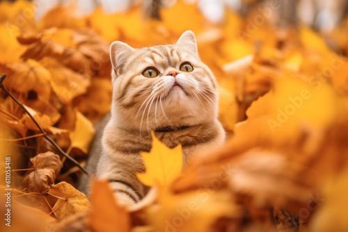 Group portrait photography of a smiling scottish fold cat playing against an autumn foliage background. With generative AI technology © Markus Schröder