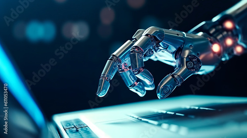 Foto Robot hands point to laptop button advisor chatbot robotic artificial intelligence concept