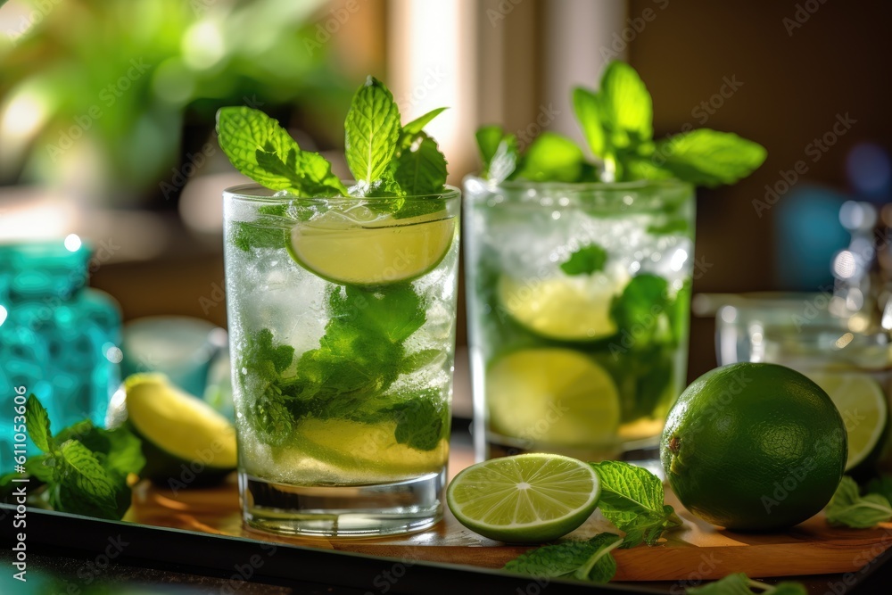 refreshing mojito cocktails on a wooden tray. close up view. Generative AI refreshing mojito cocktails on a wooden tray. close up view. Generative AI