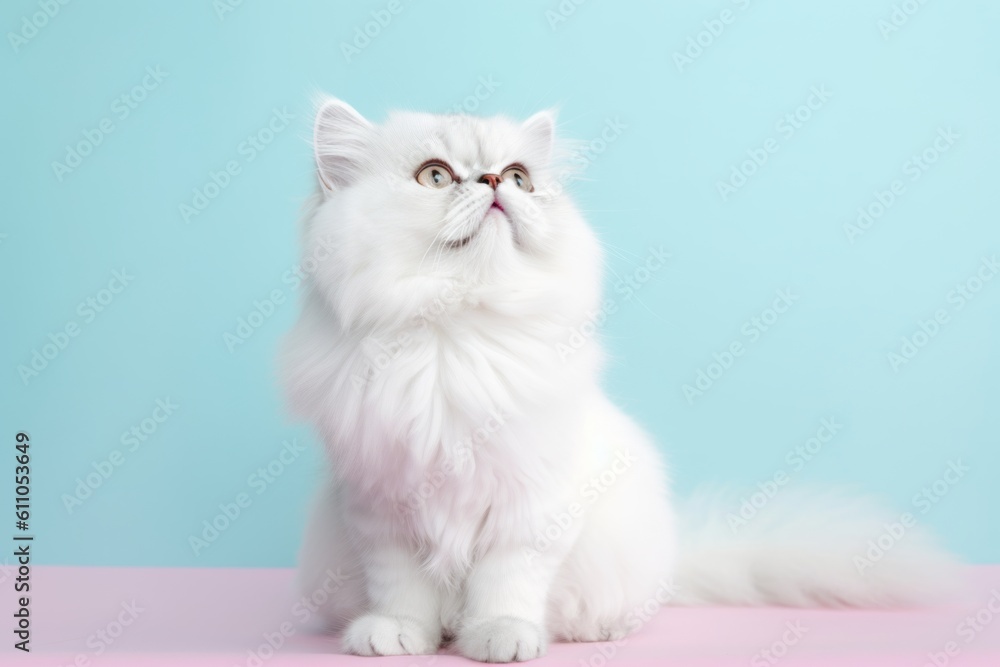 Close-up portrait photography of a funny persian cat kneading with hind legs against a pastel or soft colors background. With generative AI technology