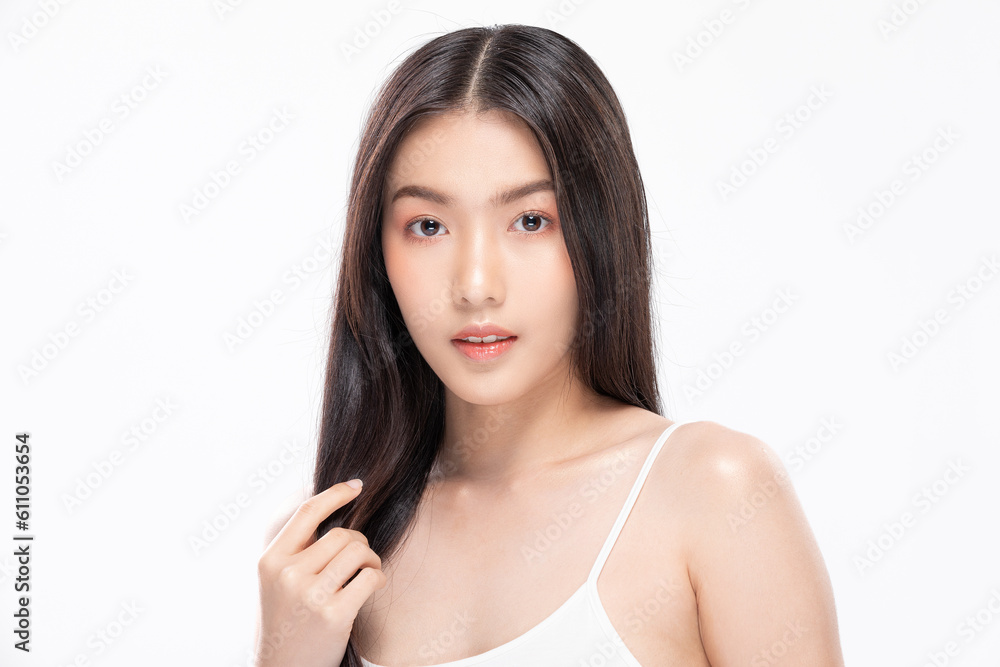 Radiant Asian woman with a captivating smile and healthy, lustrous hair. Exuding confidence and natural beauty, perfect for beauty campaigns and lifestyle . Self Care Concept.Isolated on white Radiant Asian woman with a captivating smile and healthy, lustrous hair. Exuding confidence and natural beauty, perfect for beauty campaigns and lifestyle . Self Care Concept.Isolated on white