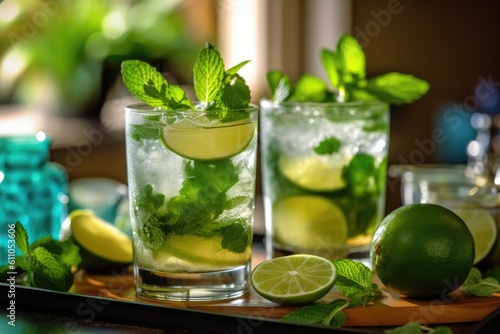 refreshing mojito cocktails on a wooden tray. close up view. Generative AI