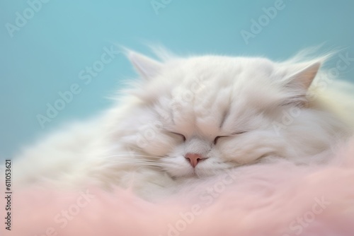 Environmental portrait photography of a curious persian cat sleeping against a pastel or soft colors background. With generative AI technology