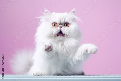 Close-up portrait photography of a funny persian cat kneading with hind legs against a pastel or soft colors background. With generative AI technology
