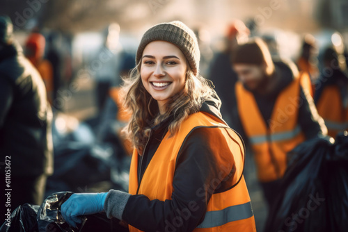 Beautiful volunteer woman cleaning forests with a garbage bag and looking at the camera. AI Generative