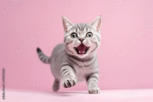 Lifestyle portrait photography of a happy american shorthair cat pouncing against a pastel or soft colors background. With generative AI technology