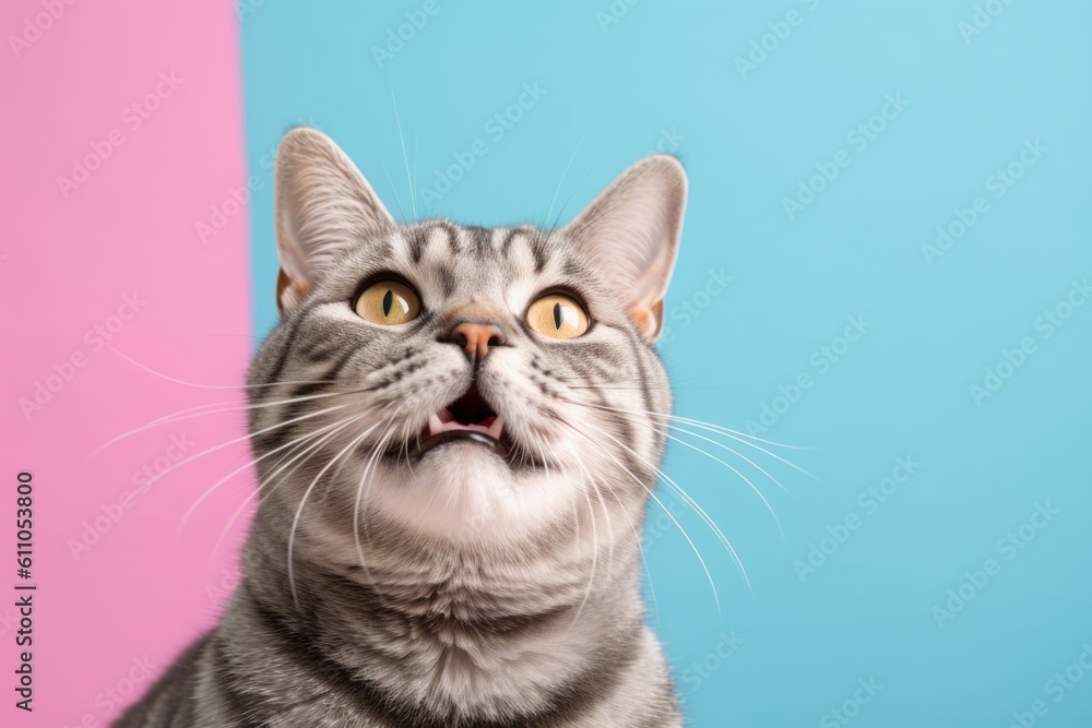 Fototapeta premium Lifestyle portrait photography of a smiling american shorthair cat back-arching against a pastel or soft colors background. With generative AI technology