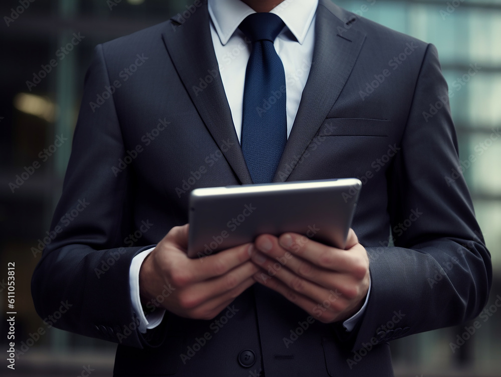 Motivated Businessman Staying Connected and Informed with Tablet in Dynamic Business Environment Motivated Businessman Staying Connected and Informed with Tablet in Dynamic Business Environment