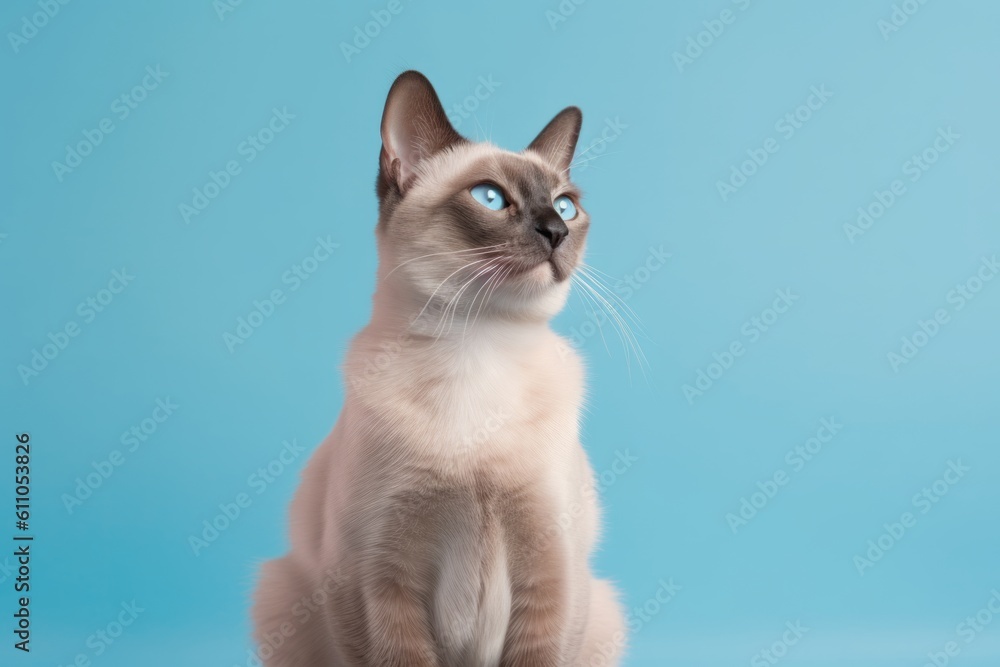 Full-length portrait photography of a tired siamese cat playing against a pastel or soft colors background. With generative AI technology