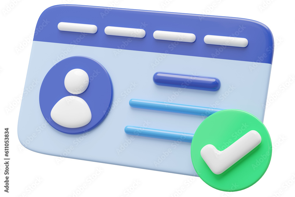3d Id card icon. Identification card with check mark isolated on transparent. Approve identity verification card. human resources, plastic driver license, verify identity concept. 3d rendering. 3d Id card icon. Identification card with check mark isolated on transparent. Approve identity verification card. human resources, plastic driver license, verify identity concept. 3d rendering.