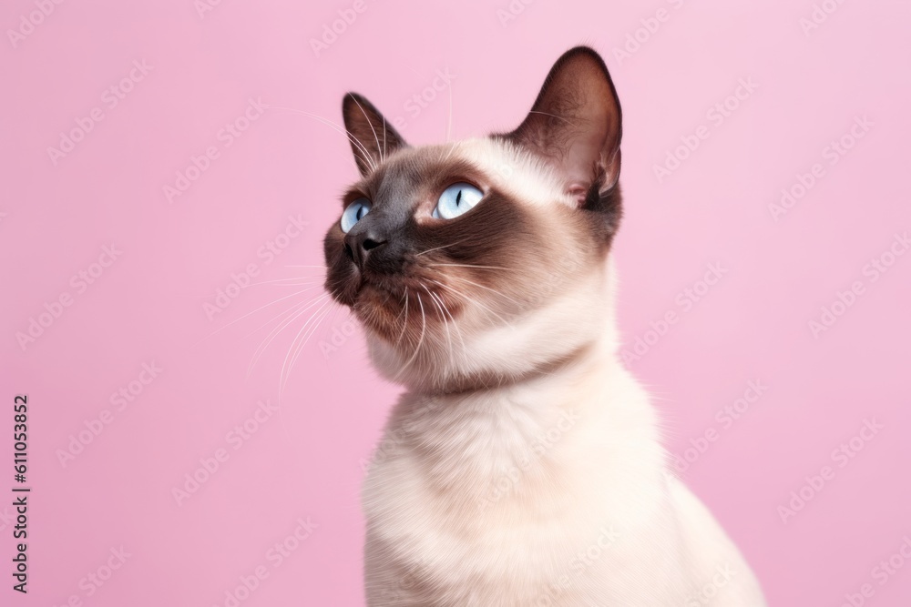 Full-length portrait photography of a tired siamese cat playing against a pastel or soft colors background. With generative AI technology