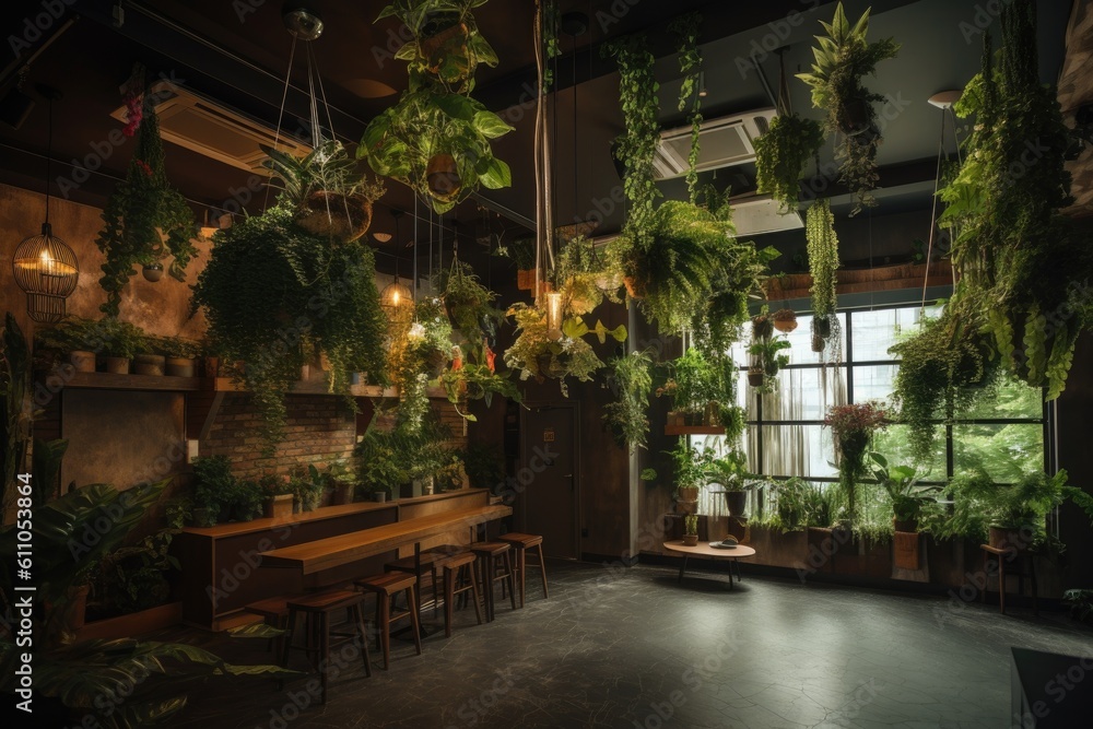 indoor garden, with hanging planters and cascading greenery, adding warmth and color to the room, created with generative ai