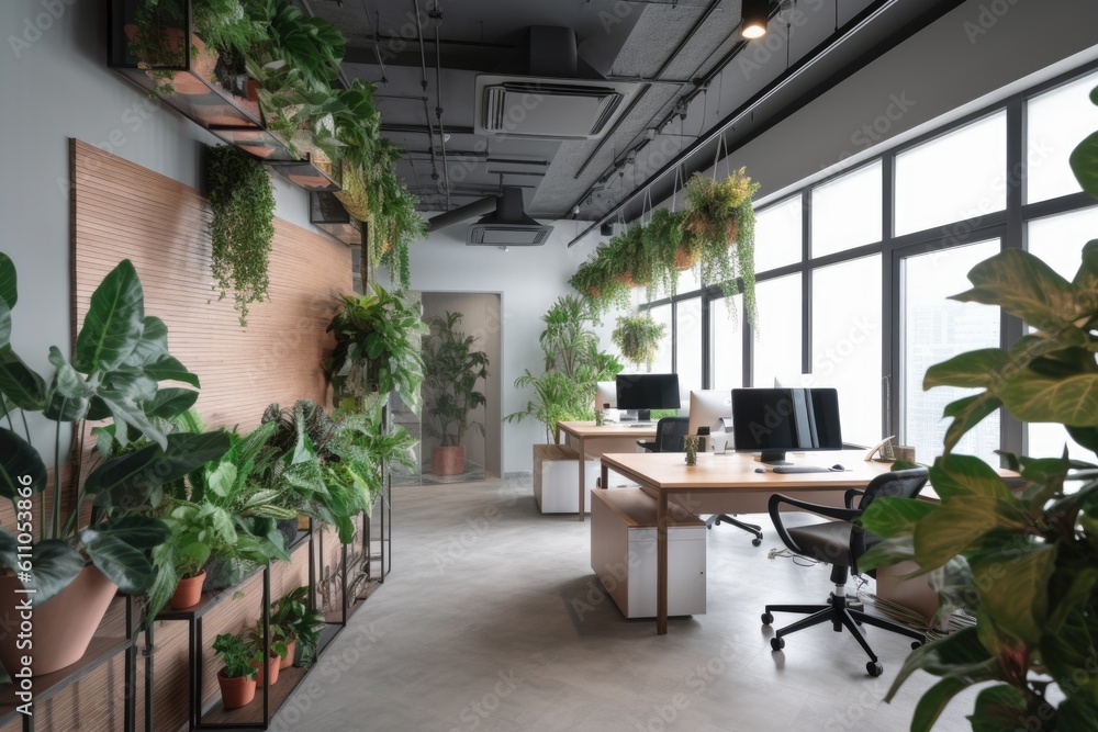 an office with greenery and flowering plants for a vibrant touch, created with generative ai an office with greenery and flowering plants for a vibrant touch, created with generative ai