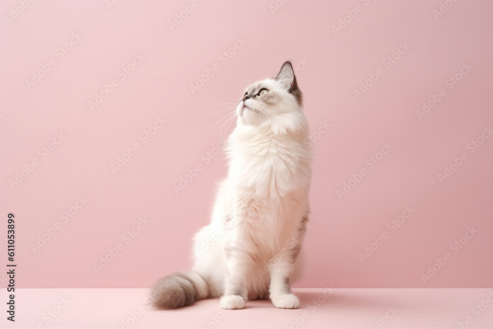 Fulllength portrait photography of a curious ragdoll cat kneading with