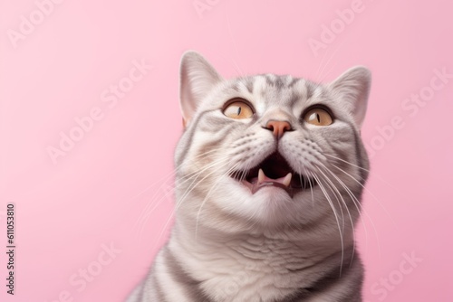 Environmental portrait photography of a happy american shorthair cat eating against a pastel or soft colors background. With generative AI technology © Markus Schröder