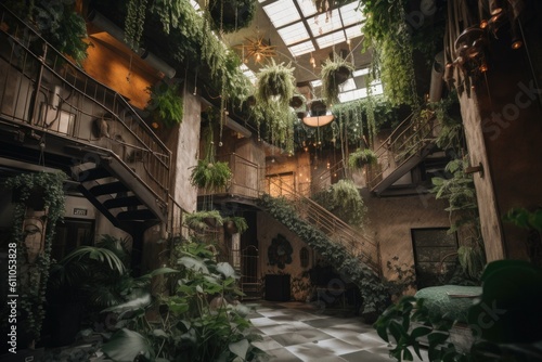 indoor jungle, with plants and vines crawling up walls and hanging from the ceiling, created with generative ai