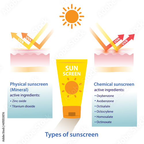 Types of sunscreen vector on white background. Comparison of physical, mineral sunscreen ingredients and chemical sunscreen ingredients vector on white background.