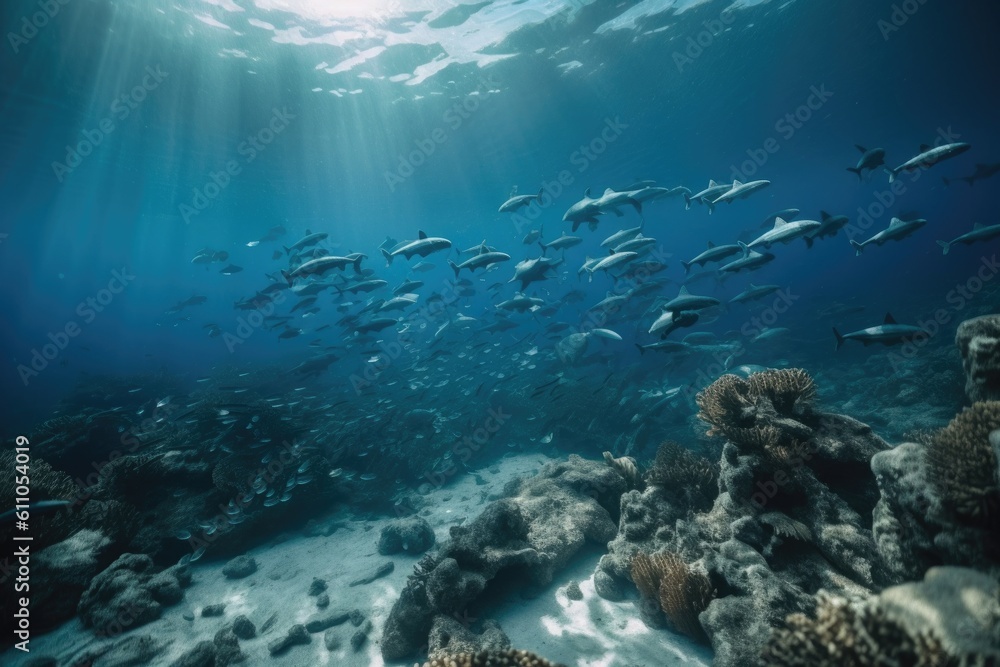 marine mammal exploring underwater environment, with schools of fish and coral reef visible, created with generative ai marine mammal exploring underwater environment, with schools of fish and coral reef visible, created with generative ai