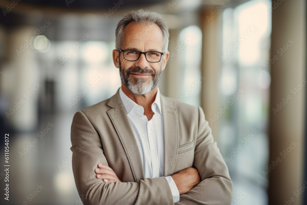 Fototapeta premium Happy middle aged business man ceo standing in office arms crossed. AI Generative