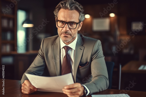 Portrait of successful mature financier, senior businessman with beard working inside office on paper work, investor satisfied with result. AI Generative